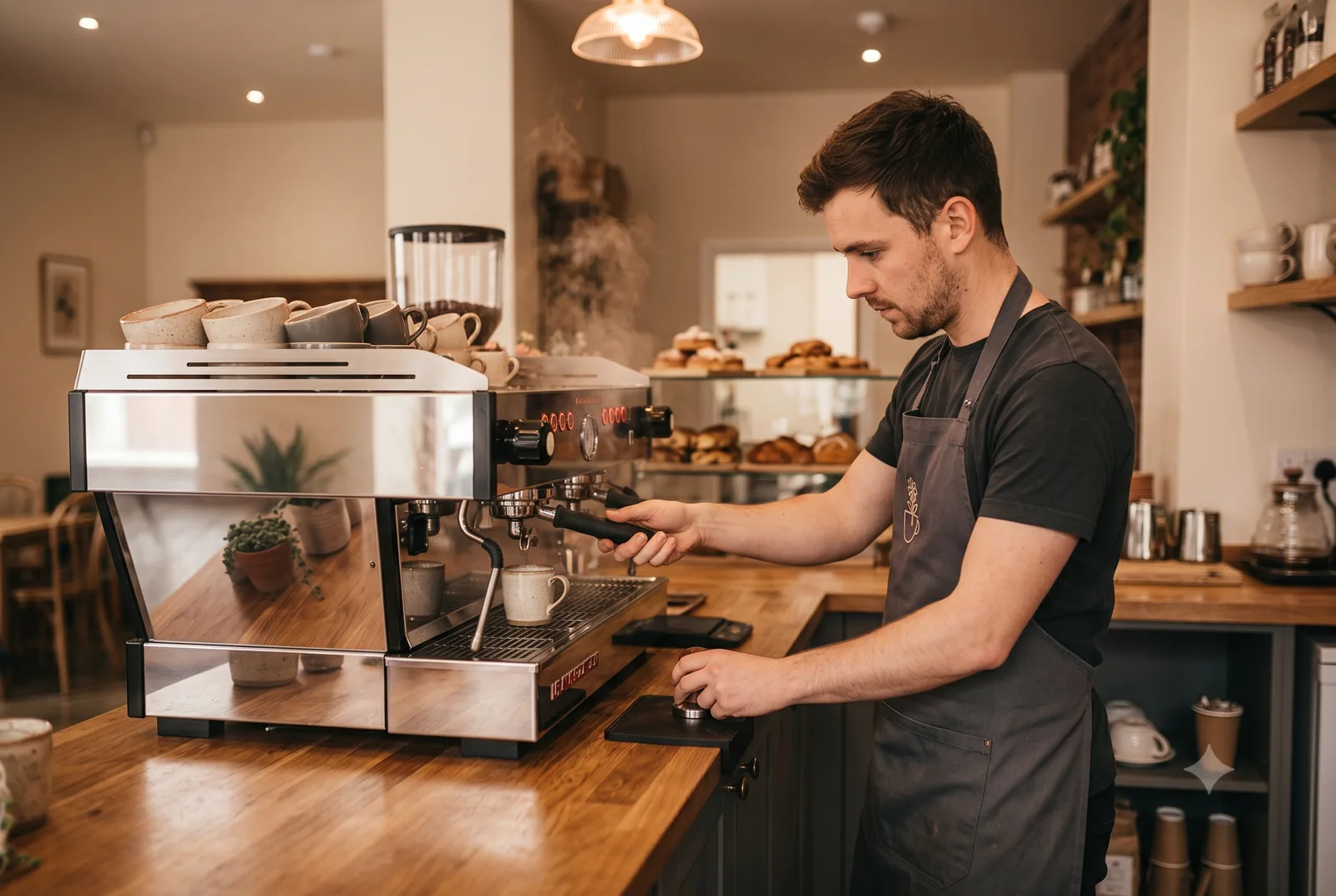 Barista and coffee counter scene at Maneh Cafe